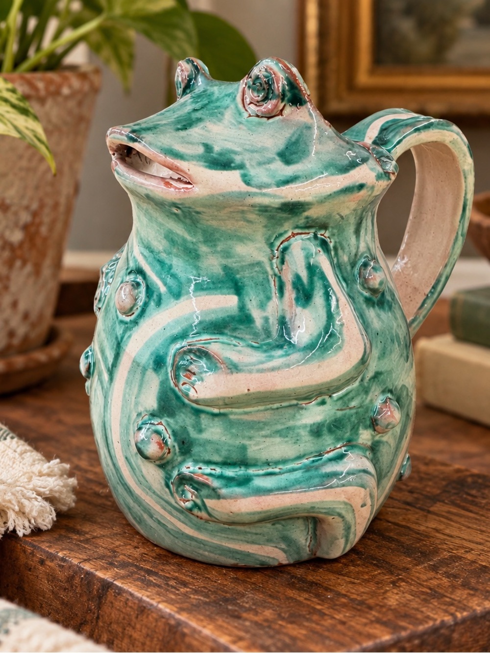 Vintage Mexican Majolica frog pitcher signed Gto Mex Guanajuato pottery folk art